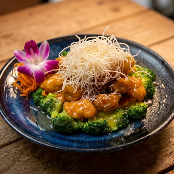 Orange chicken with broccoli, topped with crispy noodles and a purple orchid garnish on a blue plate.