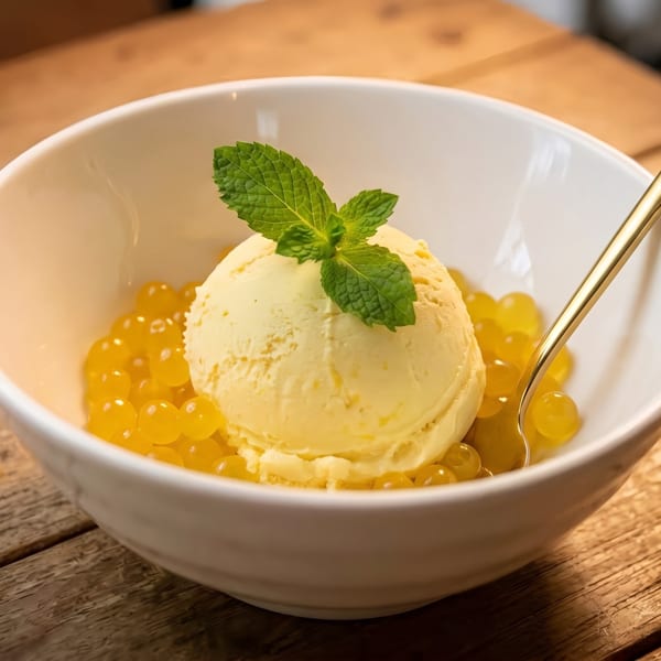 Scoop of yellow ice cream with mint and yellow boba pearls in a white bowl with a gold spoon.