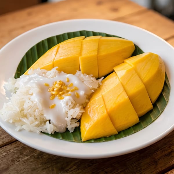 Mango sticky rice dessert with coconut cream and golden beans on a white plate with banana leaf.